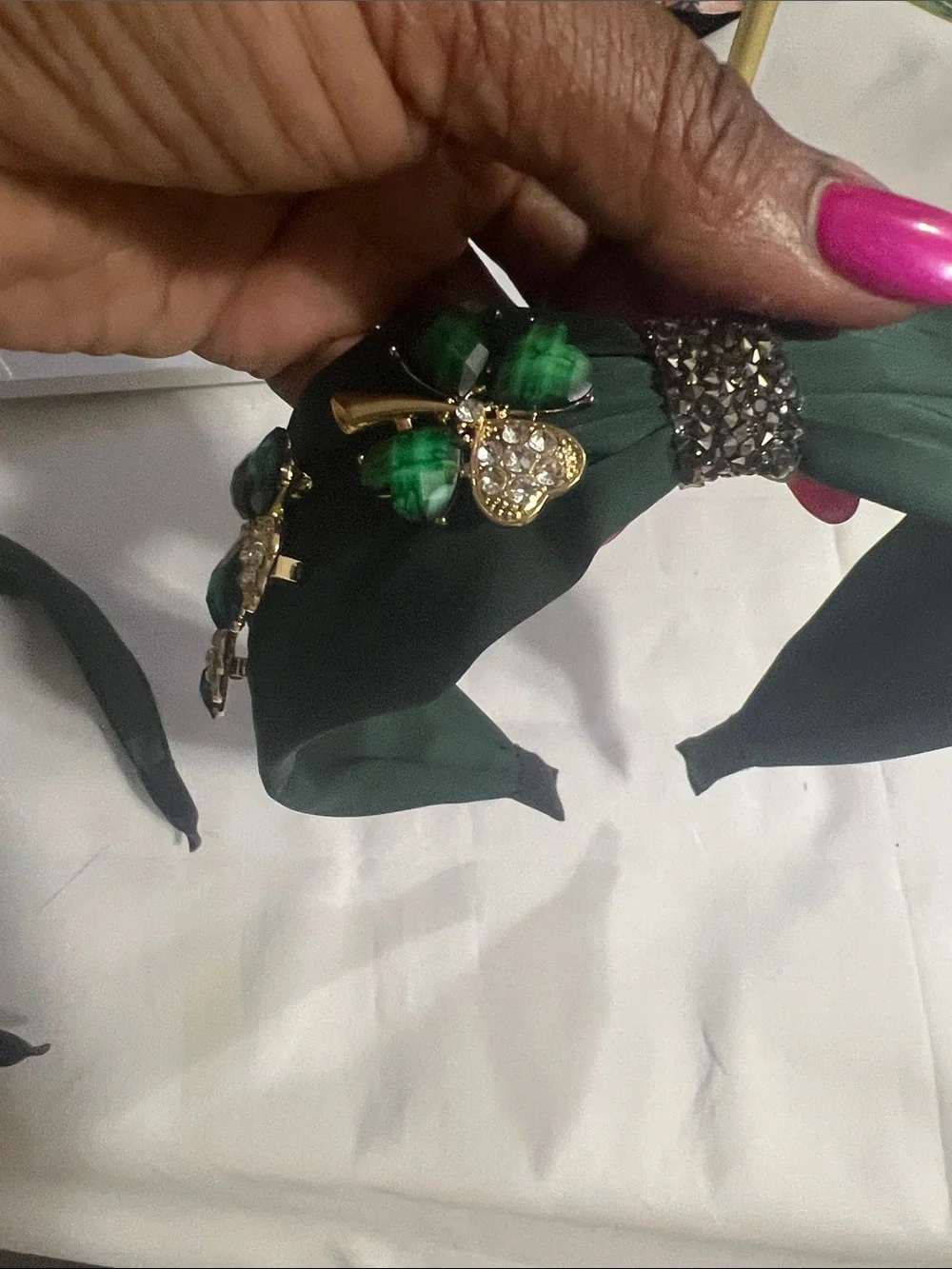 Embellished Dark Green Padded Headband with Crystal Accents
